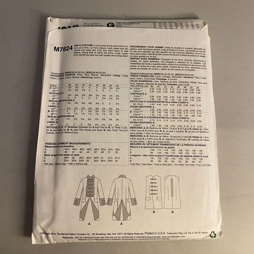 #M7824 McCalls Costumes Outlander The Series Mens Costume Sewing Pattern Size 46